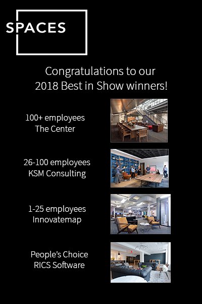 Congrats again to our 2018 Best in Show winners! The Center, @KSM_Consulting, <a href="/innovatemap/">Innovatemap</a>, <a href="/RICSSoftware/">RICS</a> #Spaces2018