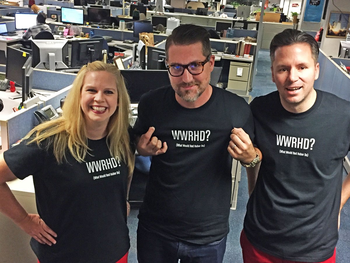 RedHuber's tweet photo. As most of you know today will be my last day working as a visual journalist at the @orlandosentinel. I was sad walking into the newsroom 2day until I was greeted by @cassiearmstrong @JacobMLangston &amp; @toddstewart wearing t-shirts "What Would Red Huber Do" 
❤️❤️❤️ u guy's! https://t.co/XMRwsvfM59
