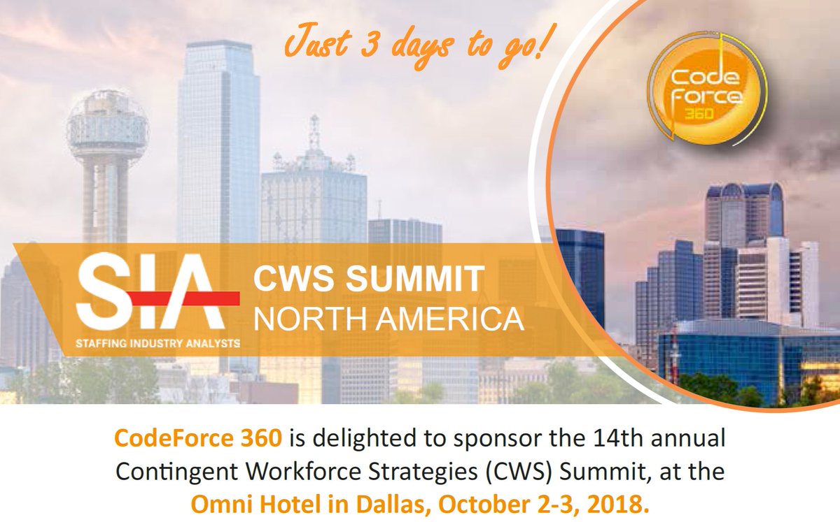 codeforce360's tweet photo. The weekend is ALMOST here!! Thinking about our big week coming up at the #CWSSummit in Dallas. Meet @codeforce360 Team at Booth 107!
#SIA #StaffingIndustryAnalysts #codeforce360 https://t.co/qoq16IG7qI