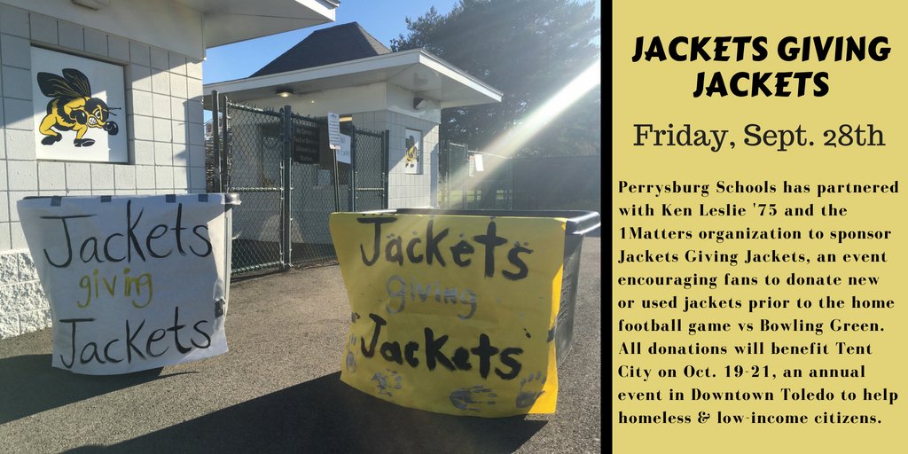 PburgAthletics's tweet photo. REMINDER:
"JACKETS GIVING JACKETS"...Tonight outside the main gates to the stadium, fans can donate gently used or new jackets to benefit the Tent City event in downtown Toledo, OH. #JacketsGivingBack https://t.co/VZ0vKjtTzN