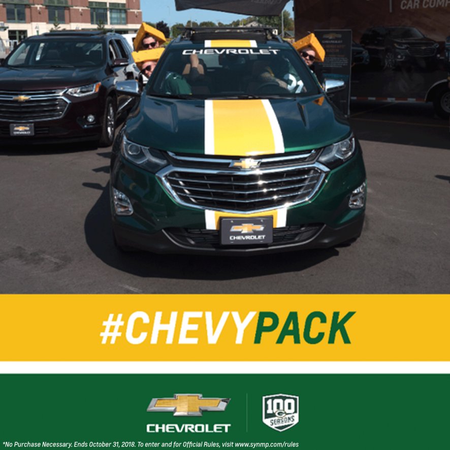 GrossAutoGroup's tweet photo. Who says game day is the only time you can sport green and gold? Show your team spirit by posting a photo with #ChevyPack and #Contest. You could win an exclusive Packers luncheon experience. https://t.co/atPMkVGqXz https://t.co/qSgsJk7lT1