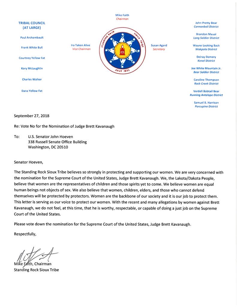 StandingRockST's tweet image. The Standing Rock Sioux Tribe stands against the nomination of Brett Kavanaugh. We have voiced our concerns to @SenatorHeitkamp and @SenJohnHoeven #VoteNo