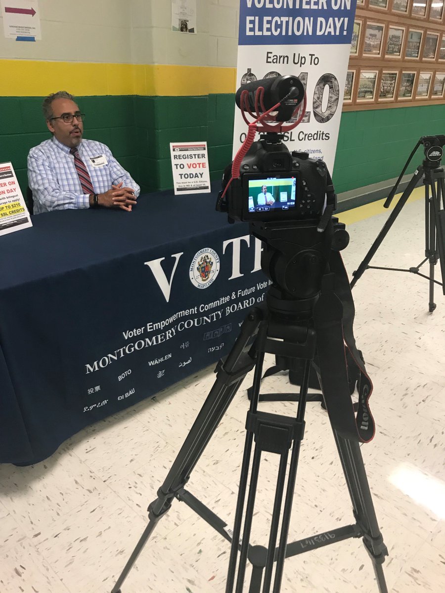 JFKAcademies's tweet photo. Broadcast Journalism & Communications Academy students interviewing Dr. Gilberto Zelaya from the Montgomery County Board of Elections. #ElectionJudge2018 #777Vote #MCRSGA https://t.co/xirrvyF2ba