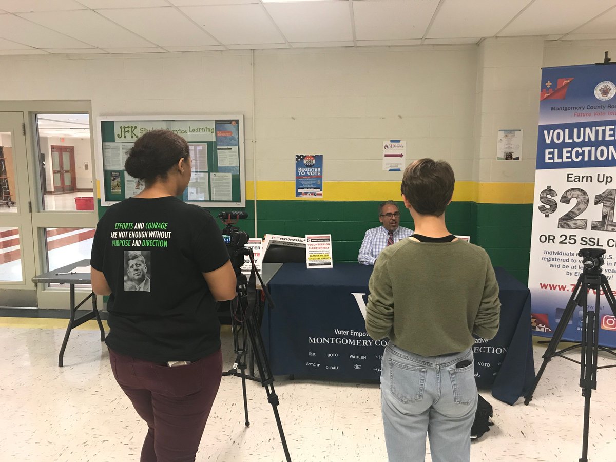 JFKAcademies's tweet photo. Broadcast Journalism & Communications Academy students interviewing Dr. Gilberto Zelaya from the Montgomery County Board of Elections. #ElectionJudge2018 #777Vote #MCRSGA https://t.co/xirrvyF2ba