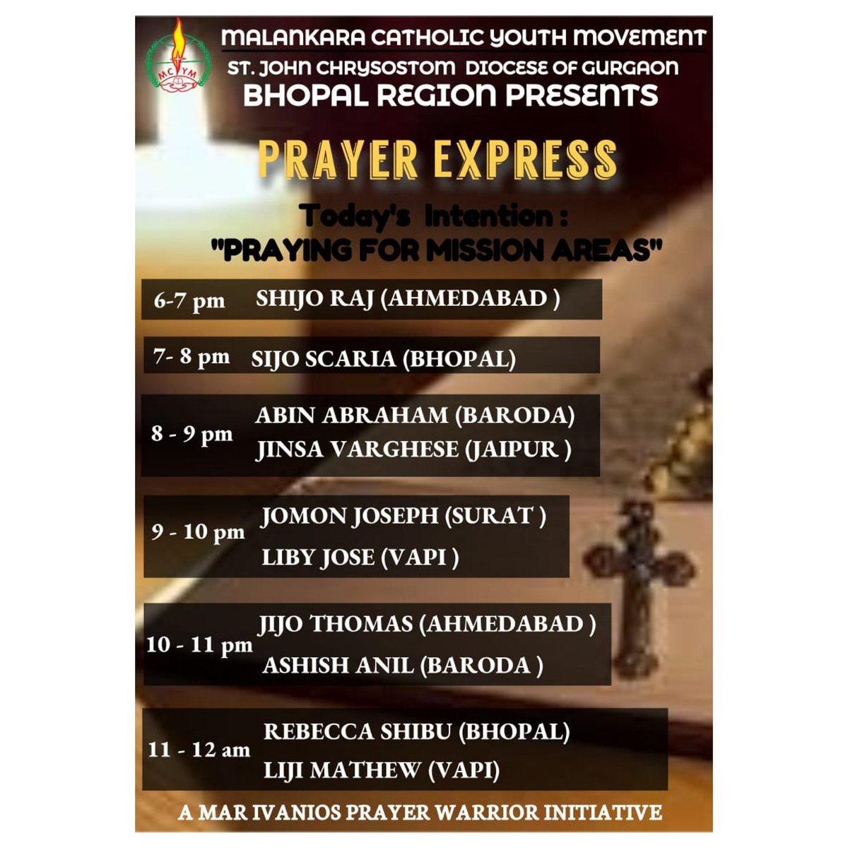 MCYMBhopalRgn's tweet photo. Praise the Lord,
#MCYMBplRgn commenced #PrayerExpress from 6pm today. Today's #PrayerIntention has been about Mission areas.
#MalankaraMissions #CatholicChurch #ChainPrayer #Wellbeing #Evangelization https://t.co/pbR84hFn21