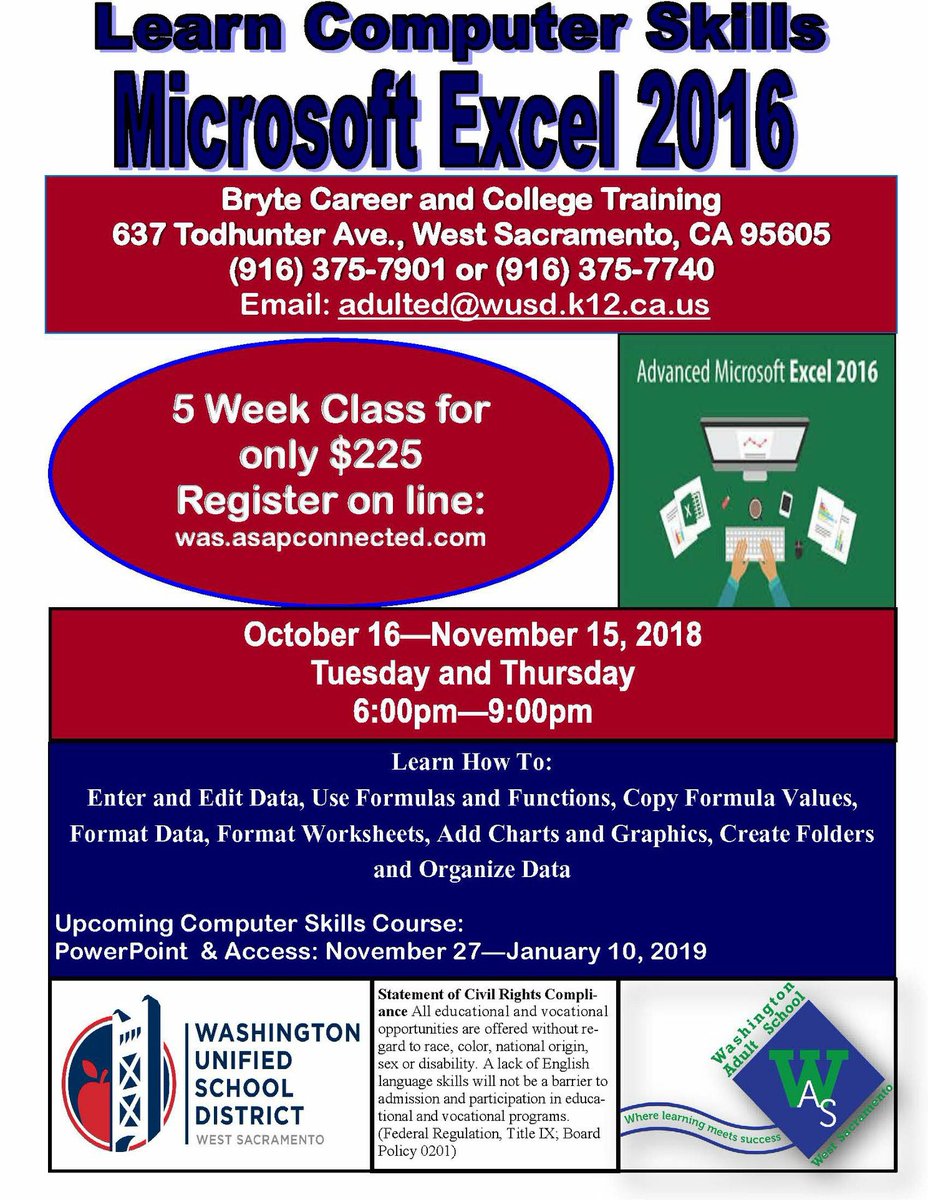 WAdultSchool_WS's tweet photo. Now accepting applications for the Microsoft EXCEL 2016 class starting on October 16.  5 week class for only $225.  Register on-line today at https://t.co/4opm4mCqDB https://t.co/FTlIXe1DKW