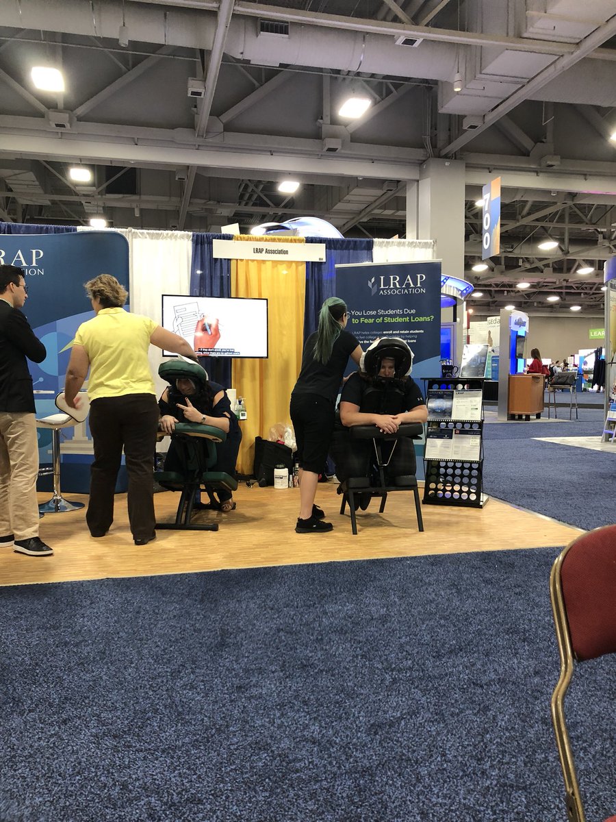 Nicole_BCAdm's tweet photo. One of the best booths in the exhibit hall - @LRAPassociation for offering much needed chair massages! #NACAC18 #nacac18photochallenge @NACACConference Feeling relaxed with @JuliaBCAdm & @BreSimkinFAD https://t.co/V9w2JZVIcD