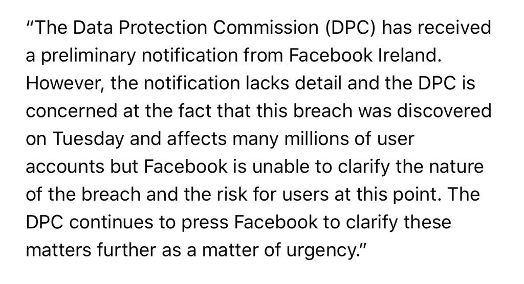 donie's tweet photo. The Irish Data Protection Commission, which oversees Facebook’s complaince with European data laws, isn’t happy about the lack of information Facebook seemingly provided it about the hack. https://t.co/SFgp2YBrKh
