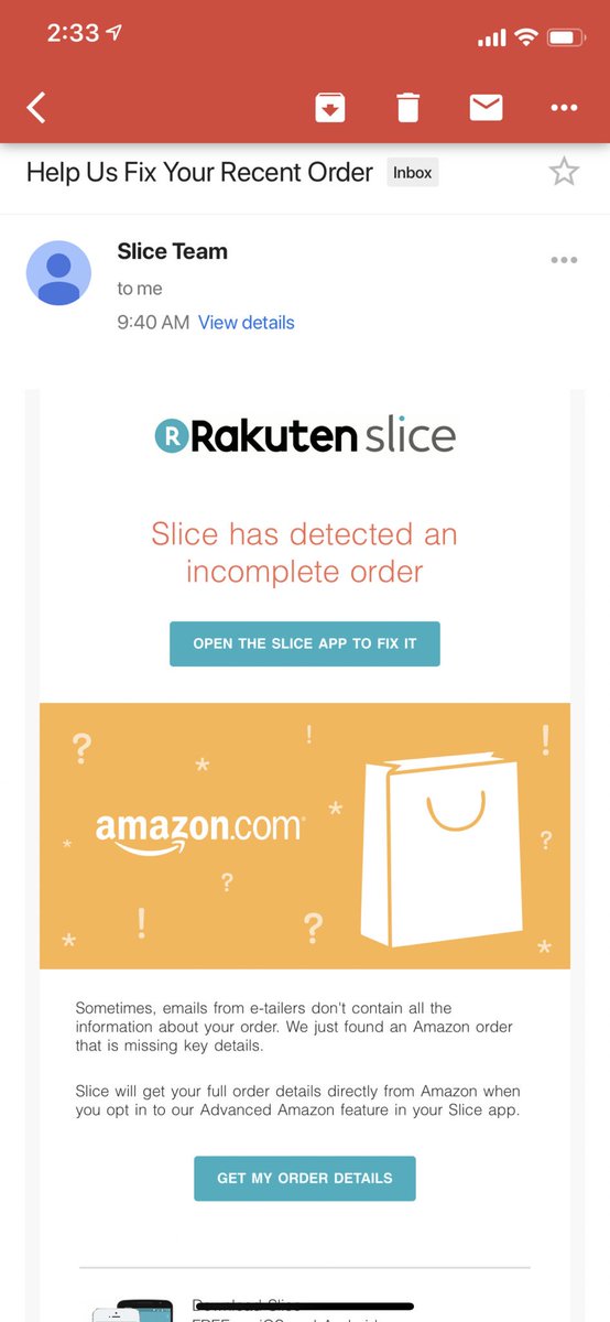 JeffVarner11's tweet photo. @HelloSlice @amazon Hi, I’ve just received this email implying there is something wrong and I need to download this app. Is there something wrong or is this an unsolicited advertisement? https://t.co/4GUGC2e3Ov