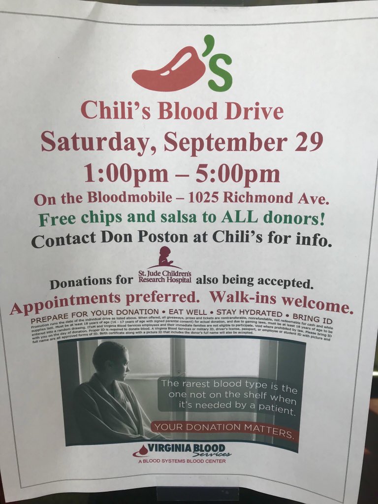 Come in for <a href="/Chilis/">Chili's Grill & Bar</a> #fullon fajitas and you get to be a hero for no extra charge! <a href="/Chilis/">Chili's Grill & Bar</a> Staunton teaming up with <a href="/vablood/">VA Blood Services</a> to save lives. It may be yours! <a href="/AugustaCountyVA/">Augusta County VA</a>