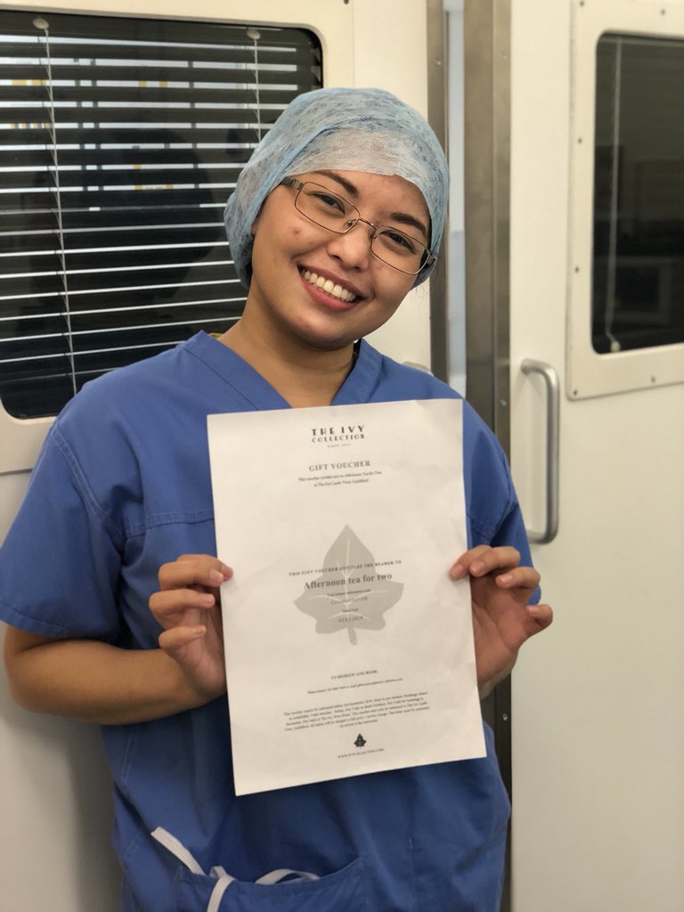 geeta_a's tweet photo. This weeks #ScrubHero is Karen Bautista! For going the extra mile with patients undergoing trauma surgery! She wins afternoon tea for 2 at the Ivy! Thank you @ivyguildford. Keep the nominations coming! A new #scrubhero next week! @RSCHAnaesthesia @sharonvgiles @doctorfredw https://t.co/6sM3hB8AfQ