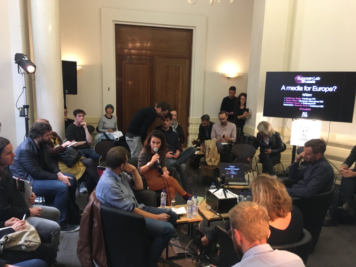 European_Lab's tweet photo. Which media for Europe? We are discussing the role of media in the European consciousness 💪 
With @andre_cath (@VoxEurop), @matthieuamare (@cafebabel_FR), Marta Cillero (@EuroAlter) &amp; @QuentinAries (@Contexte)
 #ELBXL2018 https://t.co/UW8GdvhWoM