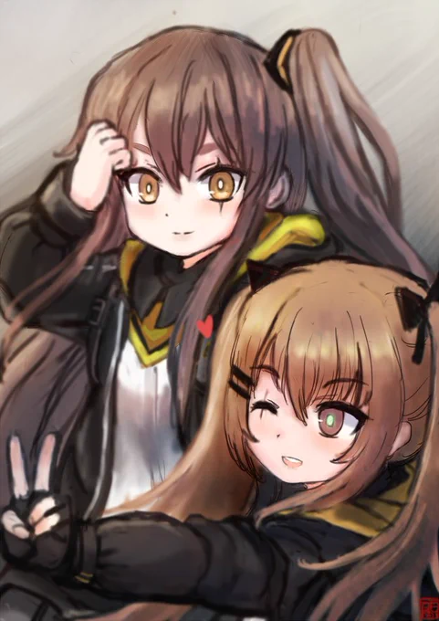 素敵なタグを見つけたので初参加です(〃v〃)ノドルフロ初描きです。お題の「姉妹」と言えばこの二人が真っ先に思いつきました!最近始めたばかりですがハマっております…。#ドルフロ版深夜の創作60分一本勝負 #ドルフロ 