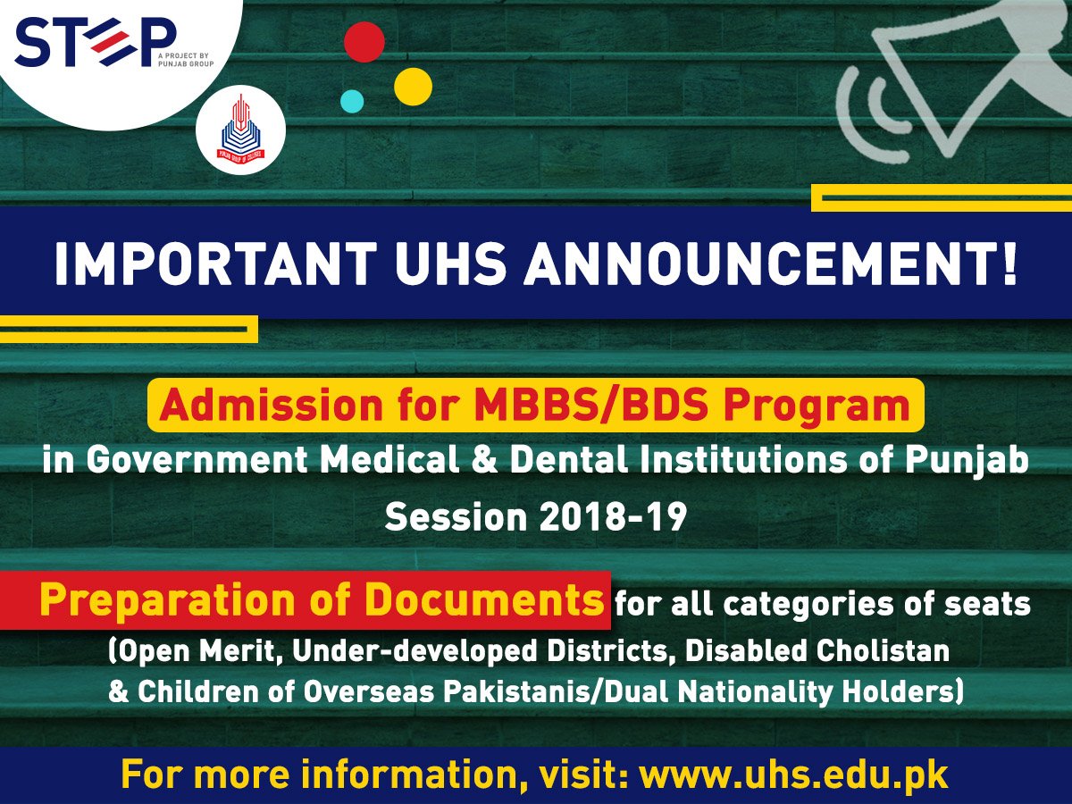 stepbypgc's tweet photo. Attention Future Doctors!

UHS has announced Preparation of Documents for all categories of seats for Admission in MBBS/BDS Program in Government Medical &amp; Dental Institutions of Punjab Session 2018-19.

For more information, visit: https://t.co/Iywd2vh1ty https://t.co/h2NvTQ7Rr9