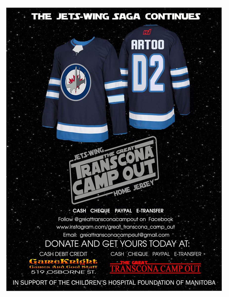 rooftopcamping's tweet photo. We are pleased to announce a physical location for you to donate to get your very own Jets-Wing Home Jersey in support of The Children's Hospital Foundaton of Manitoba.  Visit Scott @GameKnightGames Cash, Debit or Credit will be accepted. https://t.co/DESZdi5iZi