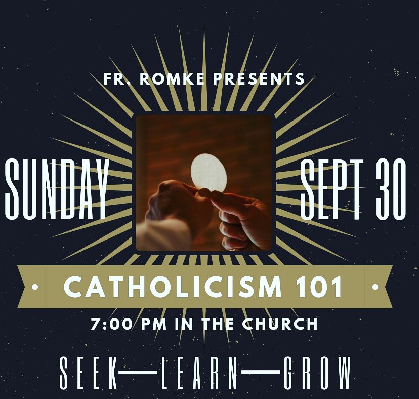 FrRomke's tweet photo. Come on out to St. Pat's in Dixon for "Catholicism 101" this Sunday at 7:00.  I'll be covering the entire Catholic Faith in 1 hour and 1 minute!  Is this a possible feat to accomplish??? "All things are possible with God!" https://t.co/AksFLDLOiG