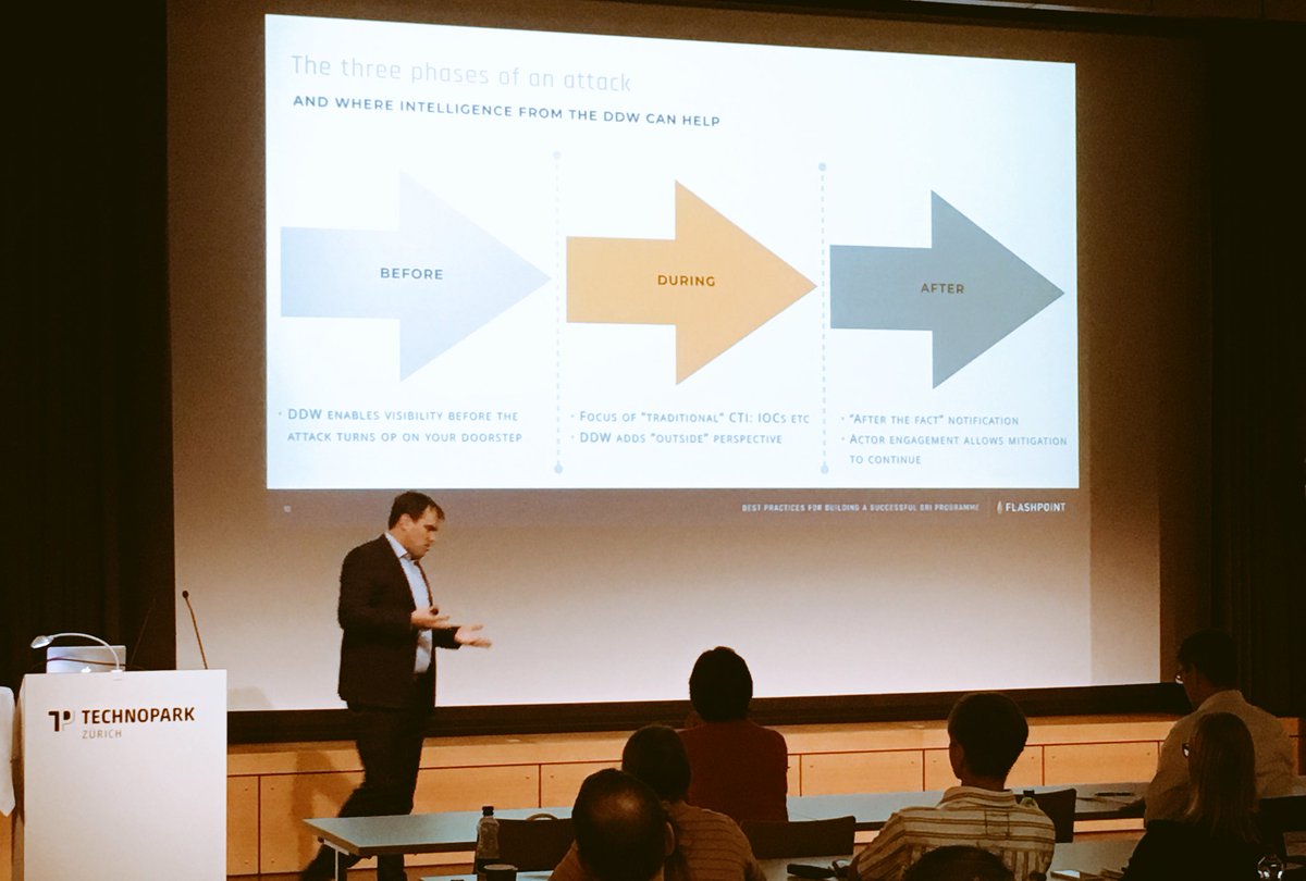 isc2ch2's tweet photo. The three phases of an #cyberattack and where intelligence can help. This afternoon at ISC2 event, from @lucasmaurits @FlashpointIntel #csc2018ch #isc2emea https://t.co/VDpJ3ybaWL