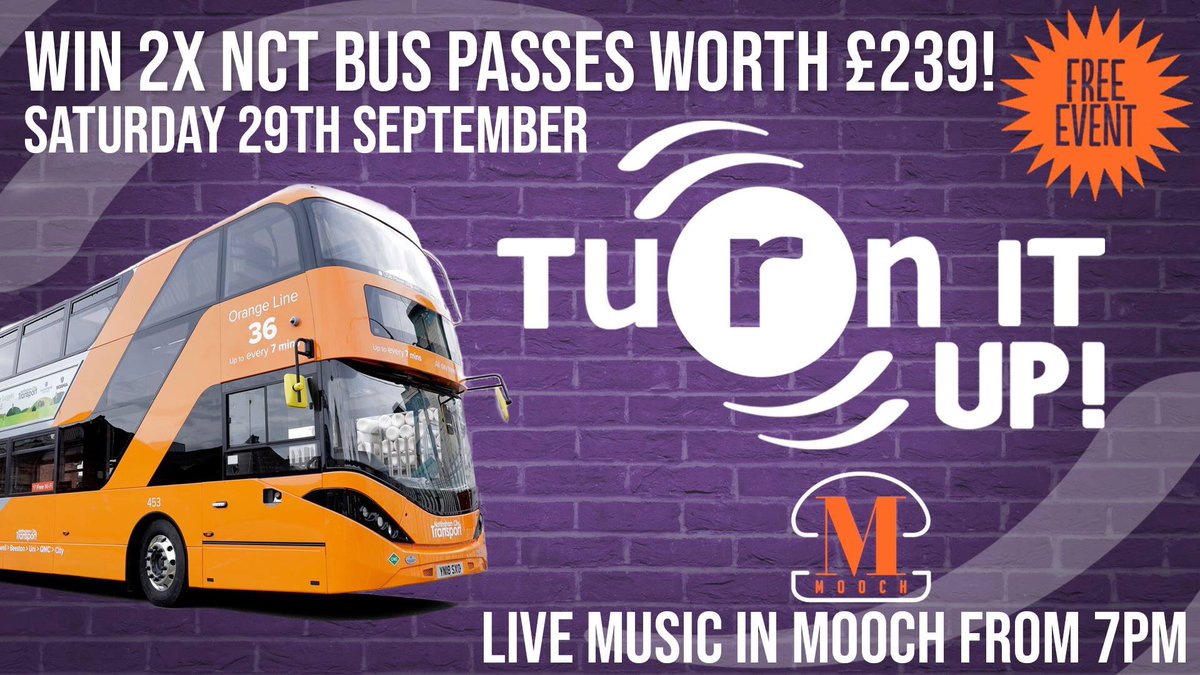 URN1350's tweet photo. We’re rounding off #FreshersWeek by giving away 2 @NCT_Buses bus passes tomorrow night in @moochbar. Join us from 7pm for an amazing line up of #LiveMusic and the chance to win. https://t.co/wp72U3wBlp