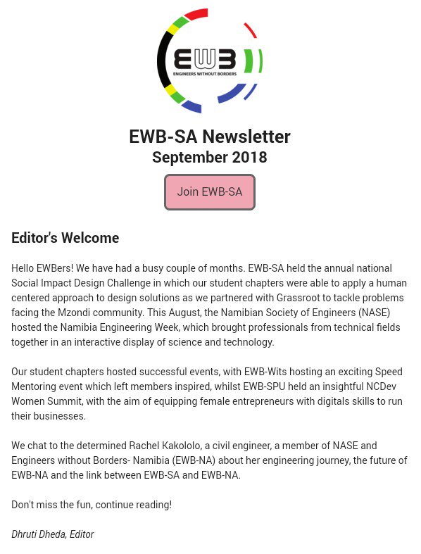DhrutiDD's tweet photo. September @EWBSA newsletter is out https://t.co/KxCrtOkDXu @EWBSPU @ewbwits @racheromen @grassrootza @NASEngineers #EWBSA #EWBNA #designchallenge #speedmentoring #devwomensummit https://t.co/AQskFMoUH0