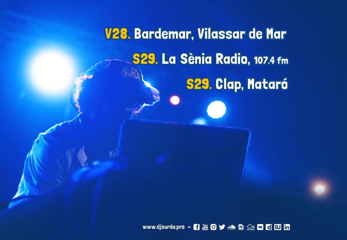 DJSurda's tweet photo. READY 4 THE WEEKEND!!!
V28. @BardemarVdM 🎸
S29. @laseniaradio 107.4 fm 📻
S29. @salaclap Mataró 🌴
+info: https://t.co/kAb9QUYTS1
👐 #DJSurdaTeDaAaaLas #FormulaSurda #Calendari #Calendario #Calendar #DjSurda #Surda #Bardemar #VilassardeMar #Clap #Mataro #ClapMataro https://t.co/XUaValUqkL