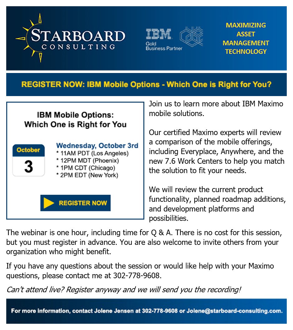 MaximoExperts's tweet photo. Register now for our free IBM Maximo Mobile webinar on October 3rd! With our review of features and platforms, we'll help you find the right Maximo solution!

Sign up now: https://t.co/BKHPAA9NGz https://t.co/ipjejYgBYB