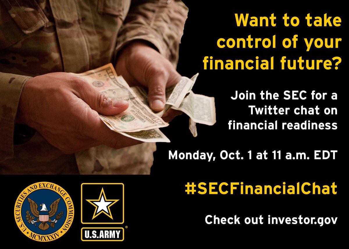 USArmy's tweet photo. #USArmy Soldiers, veterans and spouses, do you have personal finance questions?  Get tips to better manage your money.  Join us for a Twitter chat with experts from @SEC_Investor_ed and @DODFINRED on Mon, Oct. 1 at 11a.m. EDT.  If you have a question, reply with #SECFinancialChat https://t.co/5dl4CqSdJI