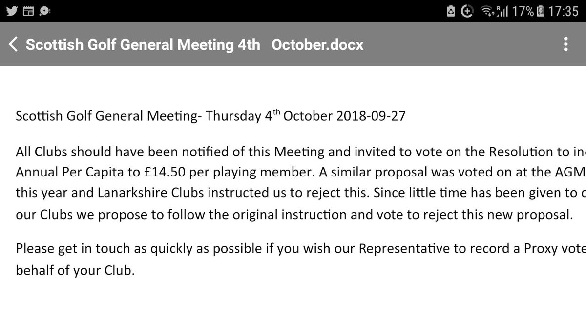 Lanarkshiregolf's tweet photo. SCOTTISH GOLF GENERAL MEETING OCTOBER 4TH.
HAVE YOUR CLUB BEEN INFORMED???
DO YOU WANT TO REINATATE PER CAPITA INCREASE TO £14.50???? https://t.co/SLlujqt8qq