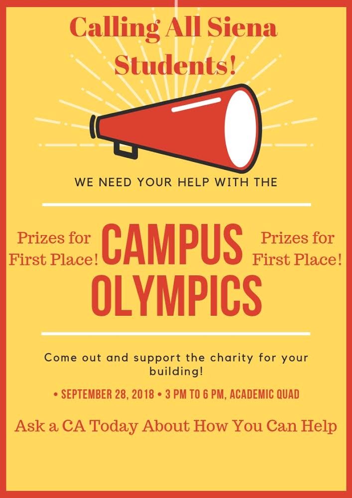 SienaSenate's tweet photo. Campus Olympics is TODAY at 3 in the MAC! Join your classmates for an afternoon of fun games and prizes! #SienaCollege https://t.co/tvbCZnirWz