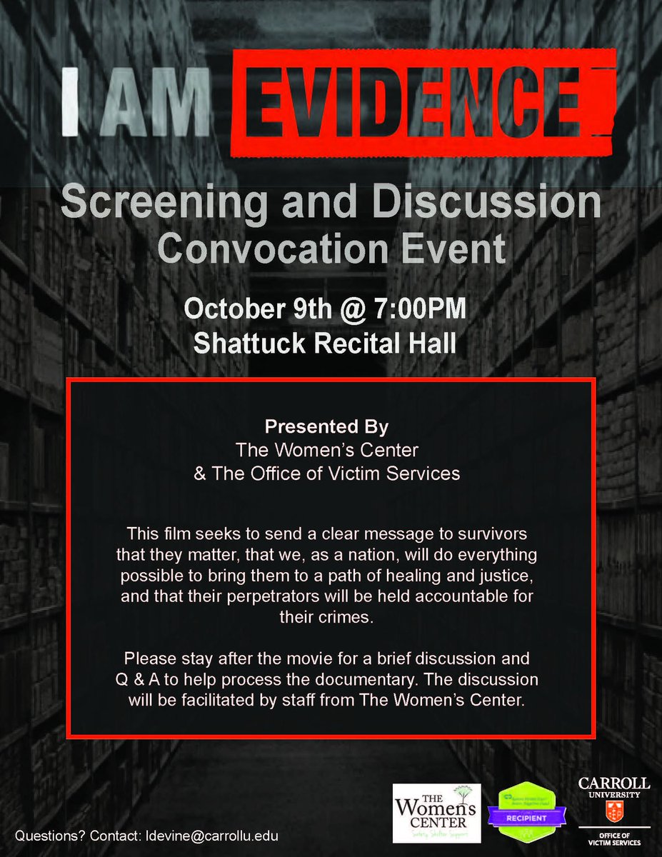 carrollu's tweet photo. Learn how to become a beacon of hope for sexual assault survivors at the "I Am Evidence" Convocation event on 10/9 with @TWCWaukesha. Get the details >> https://t.co/wfyxhoEPXY