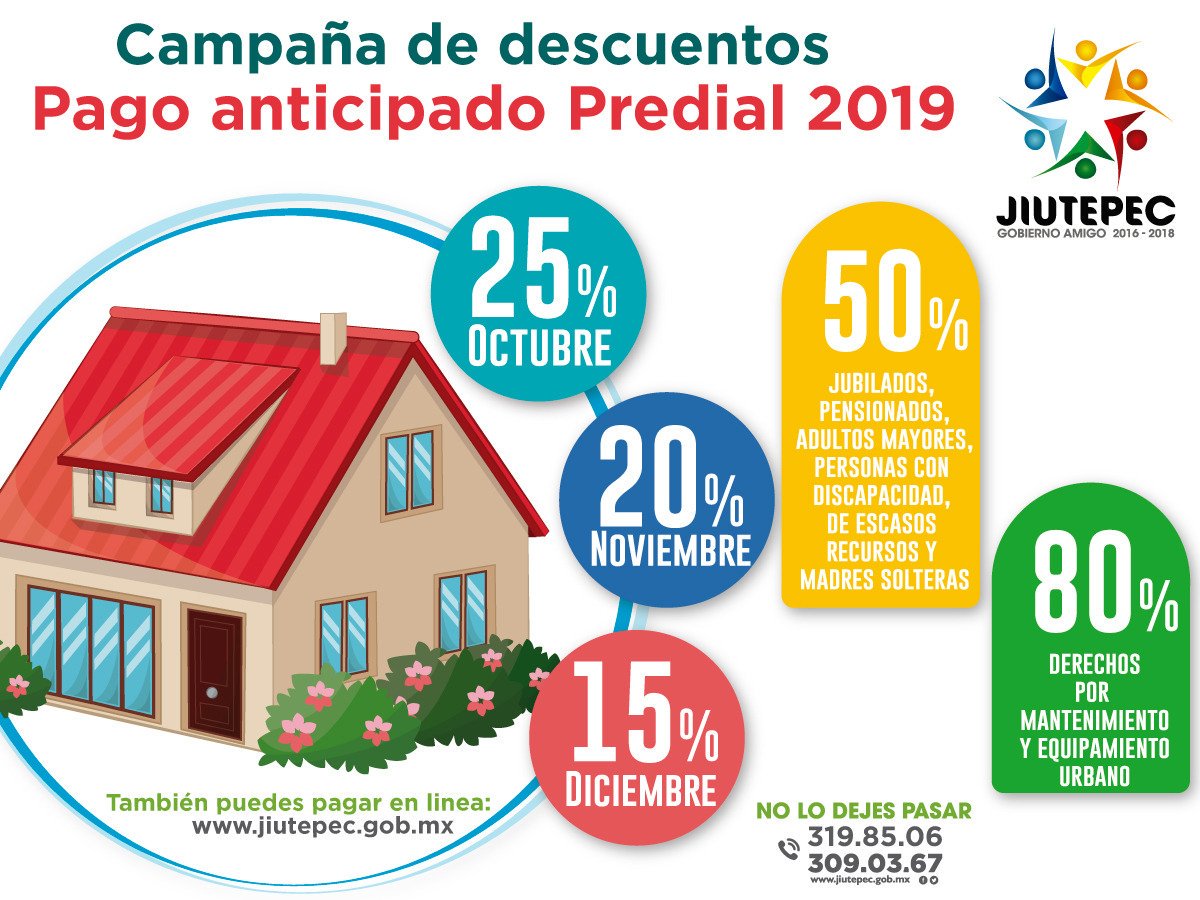 Aprovecha la campaña de descuentos en el pago anticipado de predial 2019 🏠

25% en Octubre / 20% en Noviembre / 15% en Diciembre. 

No lo dejes pasar❗

#Jiutepec #Morelos #GobiernoAmigo