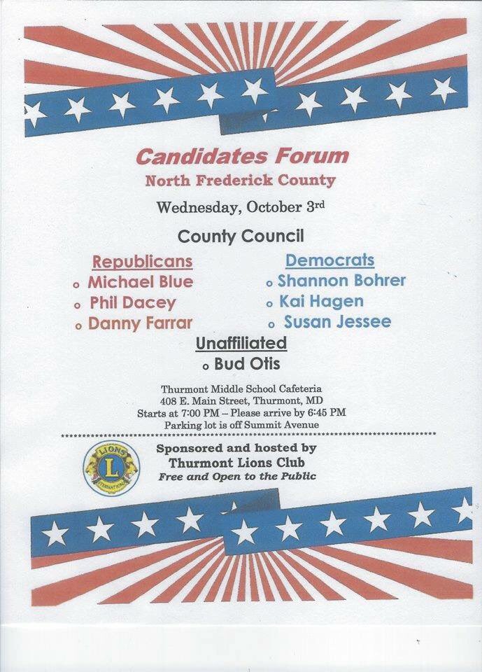 Next Wednesday evening, I'll be joining the other county council candidates running at-large and in district 5 at the Thurmont middle school for a forum. Hope you can join us!