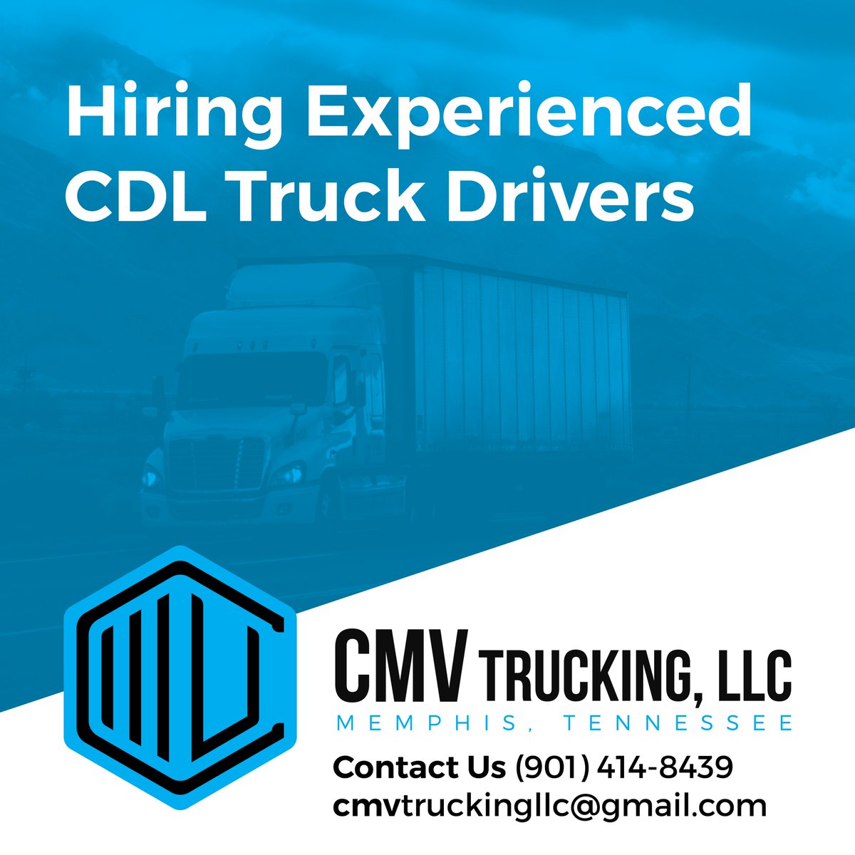 cmvtruckingllc's tweet photo. Come and join the CMV Trucking Team! We are hiring experienced Class A CDL drivers. Contact us at (901) 414-8439, or email us at cmvtruckingllc@gmail.com. 
#cmvtruckingllc #cmvteam #cmvtrucking #hiringdrivers #nowhiringcdldrivers #trucking https://t.co/NbN0aST01Z