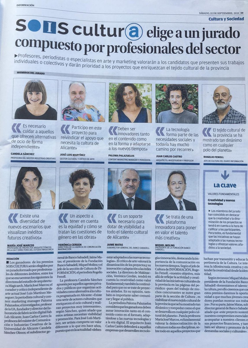 Nuestra dtora. de proyectos <a href="/verusverita/">Vero Cerdán Molina</a> jurado de los premios #SoisCultura, organizado por  <a href="/informacion_es/">INFORMACION.es</a> y el <a href="/FBSabadell/">Fundación Banco Sabadell</a> , explica, junto al resto de componentes, sus criterios de valoración. ¡Gran iniciativa para visibilizar el potencial de nuestras ICC's #Cultura #Alacant