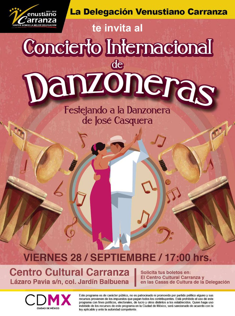 Vecino, te esperamos hoy en punto de las 17:00 horas en el Centro Cultural Carranza en el Concierto Internacional de Danzoneras festejando a la Danzonera de José Casquera. Solicita tus boletos con el enlace de tu colonia. #MLM