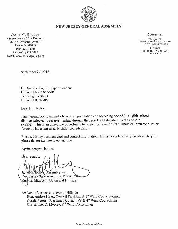 Assemblyman Jamel C. Holley Congratulates Hillside Success