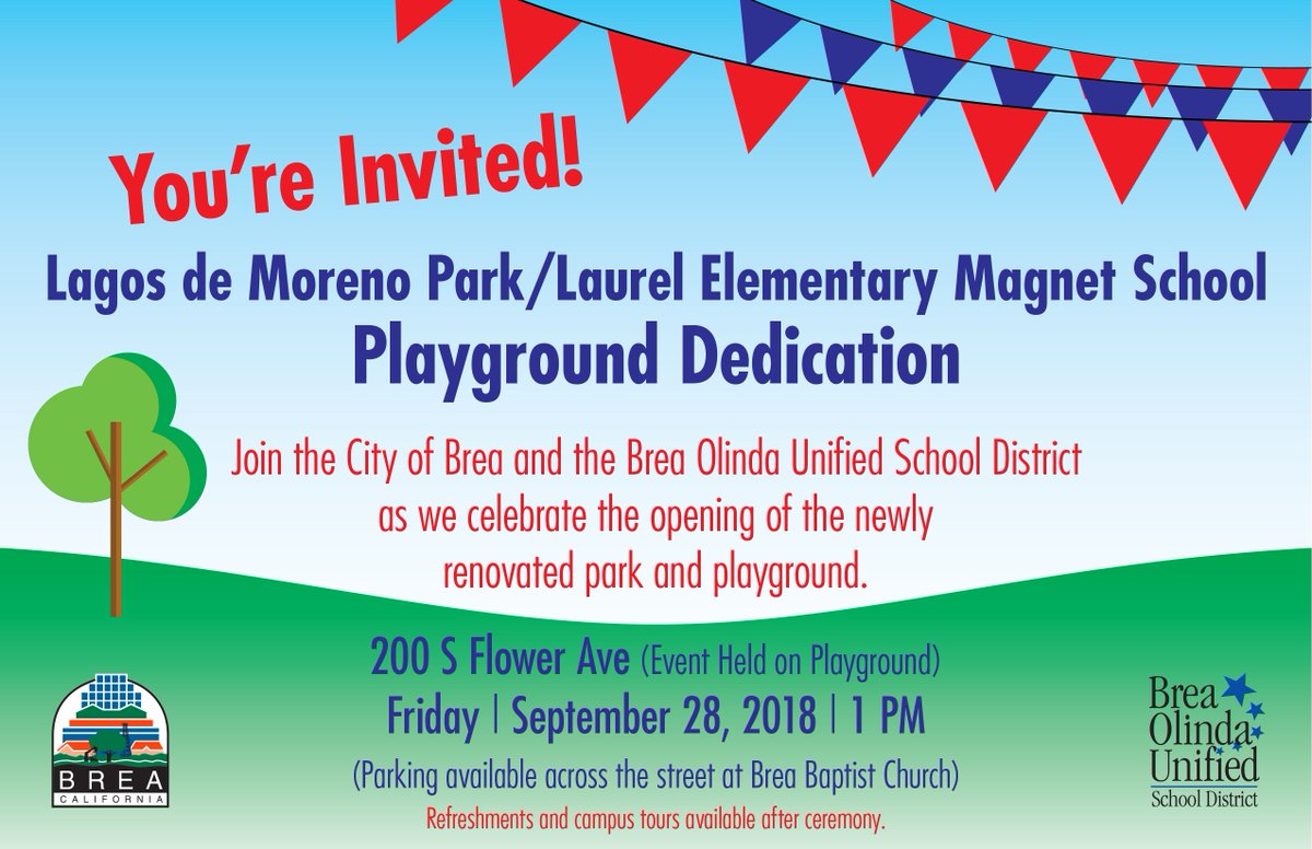 BreaCityHall's tweet photo. Join us and the Brea Olinda Unified School District at 1PM today to celebrate the dedication and opening of the renovated Lagos de Moreno Park/Laurel Elementary School Playground! Refreshments and campus tours will be provided after the ribbon cutting ceremony. https://t.co/ituGt5Ha8n