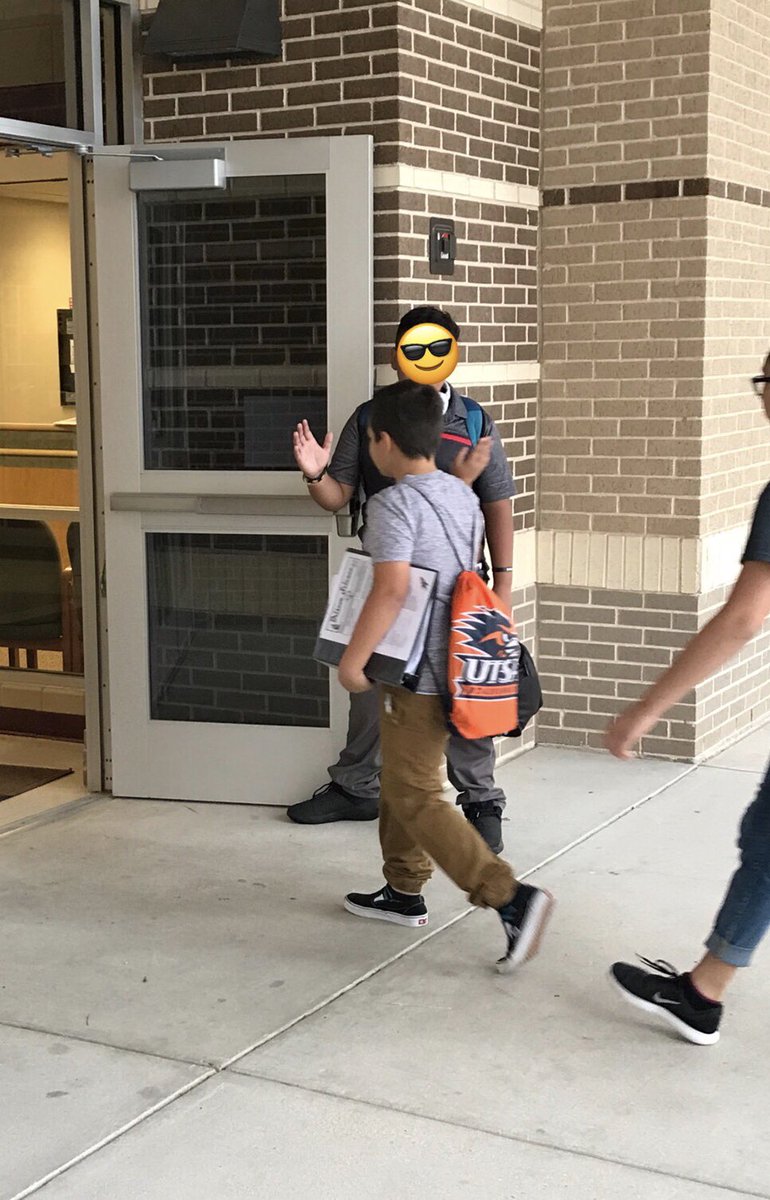 NISDBriscoe's tweet photo. Every morning, this 6th grade student holds the door open and greets every individual as they enter the building. He knows the value of what a smile can do! #ThisIsNorthside #briscoeproud #makingadifference https://t.co/F532lLMe3S
