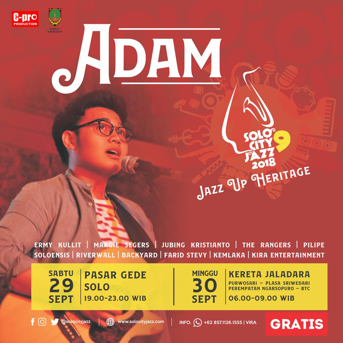 Adam yg baru menyelesaikan studi S1 nya ini memulai karir sbg singer/song writer. Adam akan merilis singlenya pd November mendatang dng judul “Jarak dan Waktu” yg menceritakan keresahannya tentang LDR.

Saksikan ADAM di SOLO CITY JAZZ IX "Jazz Up Heritage". 👏👏 .

#SoloCityJazz