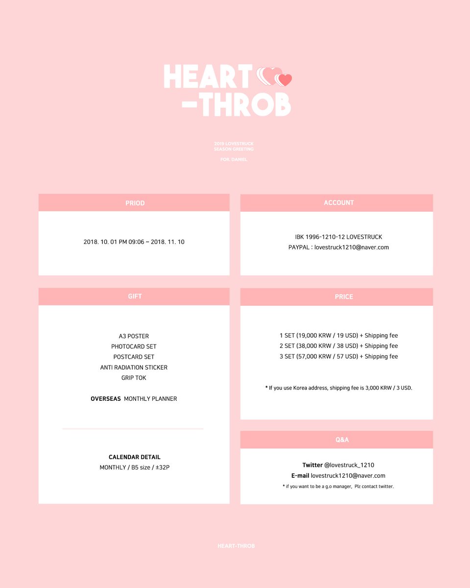 lovestruck_1210's tweet photo. LOVESTRUCK 2019 SEASON GREETING

💕 HEART-THROB 💕

선입금 :  2018.10.01 PM 09:06 ~ 2018.10.20
일반입금 : 2018.10.21 ~ 2018.11.10

🇰🇷 > https://t.co/WMCfYQg2dc
🌍 > https://t.co/9pgGRFokgO

RT해주신 분들중 두분을 추첨해 시즌그리팅세트를 드립니다🎁💝 https://t.co/kgTWVl5sNl