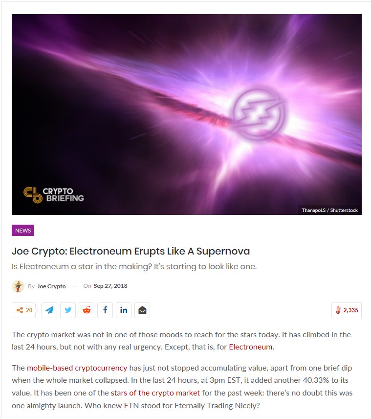 electroneum's tweet photo. Check out this fantastic article by Joe Crypto from @crypto_briefing following our explosive growth over the last week and find out why he thinks #ETN are “erupting like a supernova”: https://t.co/23ZjbryYIy https://t.co/qOoEAmQaWQ