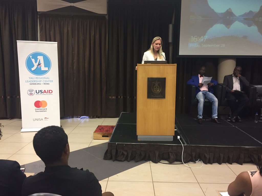 RLC_SAfrica's tweet photo. Ms. Rebecca Krzywda, Acting Mission Director for USAID Southern Africa addressing #YALICohort15 graduates #YALI_SA_Cohort15 #Graduations #GraduationsDay #YALICohort15 #YALI_SA_Cohort15 https://t.co/Iyyh1limnM
