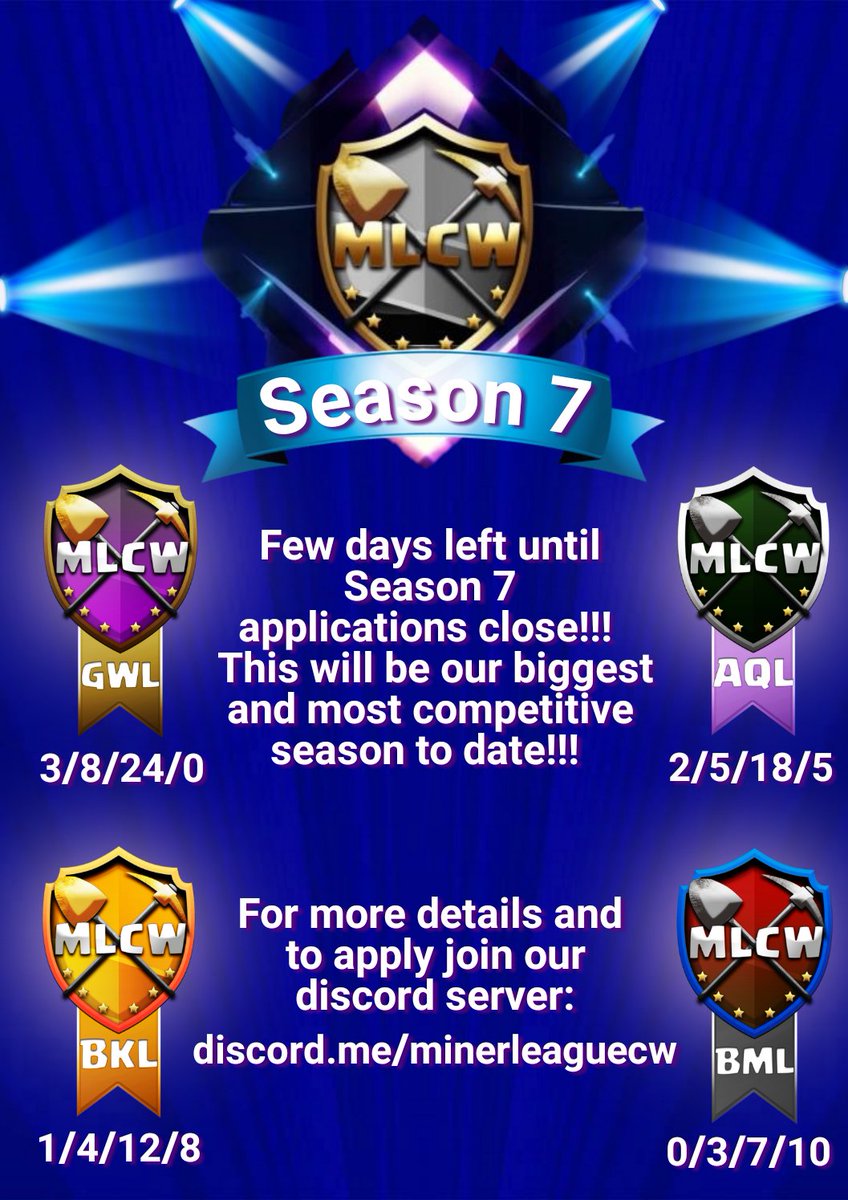 MinerLeagueCW's tweet photo. "Final Reminder to all those clans wishing to apply for S7, apps are closing on 30th September Midnight and we only have couple days left, ......" https://t.co/rnYXTr1yaY