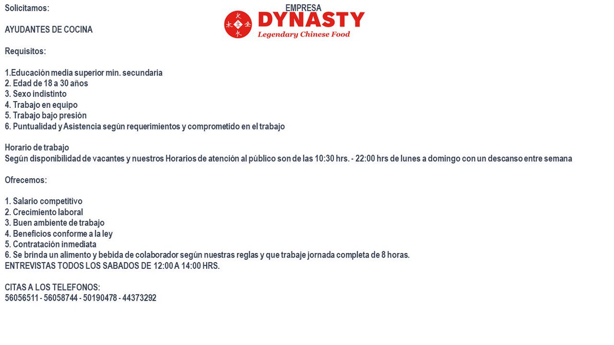 DynastyFood's tweet photo. EMPRESA DYNASTY LEGENDARY CHINESE FOOD CONVOCA LAS SIGUIENTES VACANTES... https://t.co/qH8vcf3fys