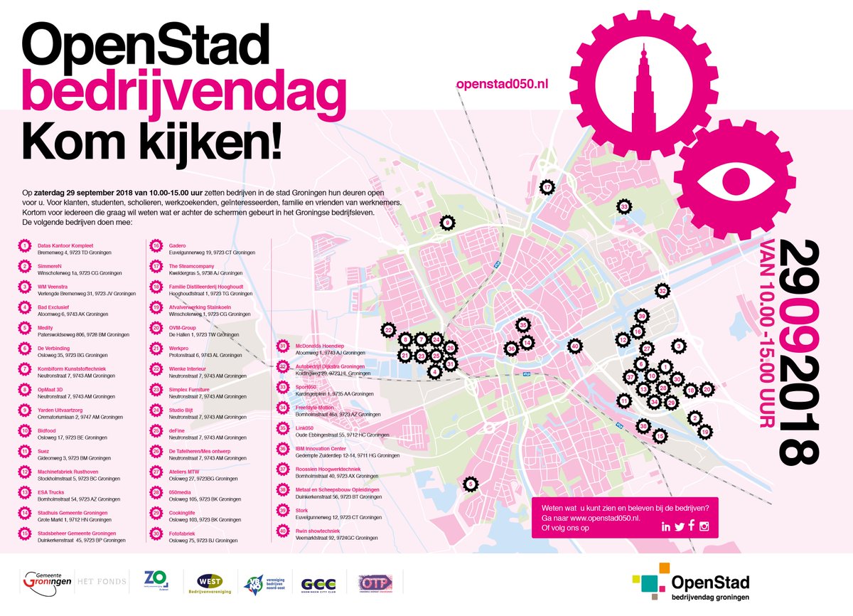 Heb jij nog geen plannen voor zaterdag? Breng dan een bezoek aan OpenStad050! Kijk gratis binnen bij de leukste bedrijven in Groningen, zoals IBM Groningen, <a href="/RoossienBV/">Roossien Hoogwerktechniek</a>, OVM|Group, <a href="/gem_groningen/">Gemeente Groningen</a>, <a href="/ESATrucksnl/">ESA Trucks NL</a>, Stork, <a href="/hooghoudt/">Hooghoudt</a> en velen meer!