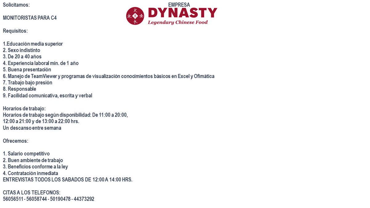 DynastyFood's tweet photo. EMPRESA DYNASTY LEGENDARY CHINESE FOOD CONVOCA LAS SIGUIENTES VACANTES... https://t.co/1GPRdGI9xc