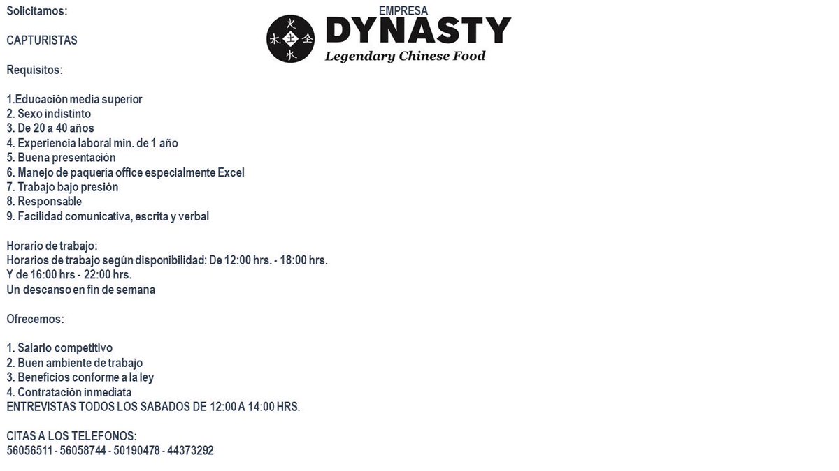 DynastyFood's tweet photo. EMPRESA DYNASTY LEGENDARY CHINESE FOOD CONVOCA LAS SIGUIENTES VACANTES... https://t.co/1GPRdGI9xc