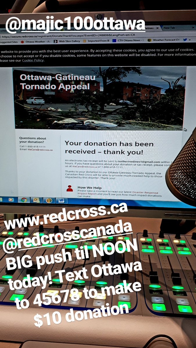 KatherineDines's tweet photo. PLS RT for BIG @redcrosscanada push to help our Ottawa &amp; Gatineau neighbours recovering from tornado devastation. Find out how you can donate, like I just did right here in @MAJIC100Ottawa studios! https://t.co/tJaUAEags1 #OttawaTornado #OttCity https://t.co/kzvB0nl5lY
