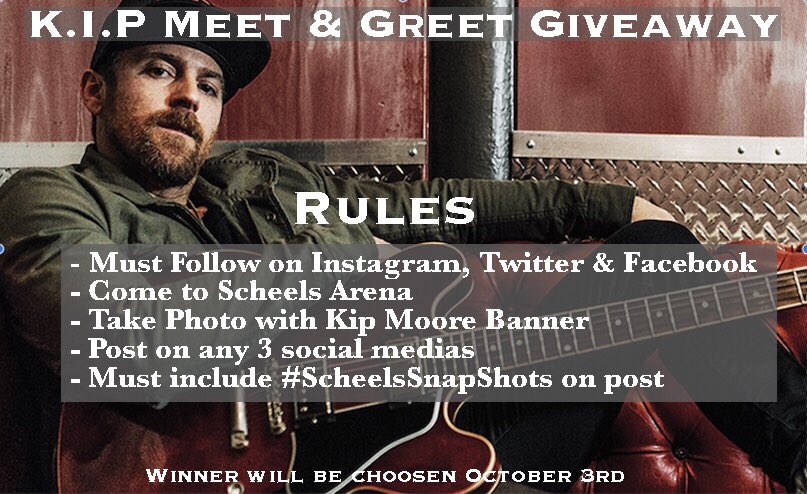 ScheelsArena's tweet photo. YOU can MEET Kip Moore! 
.
.
Winner will win 2 tickets, 2 Meet &amp; Greets, Q&amp;A and a private acoustic performance!
.
.
Make sure to use #ScheelsSnapShots 
.
.
Best of Luck! https://t.co/R7cERUG7Pd