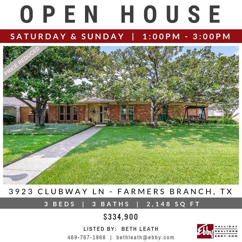 EbbyHallidayPWB's tweet photo. OPEN HOUSE at 3923 Clubway Ln in Farmers Branch this Saturday 9/29 &amp; Sunday 9/30 from 1-3pm! Take a tour at https://t.co/7MzQxA8sGl
#DallasHomes  #DFWRealEstate  #DallasOpenHouse  #DallasRealEstate  @EbbyHallidayPWB https://t.co/H2kGBuDQwy