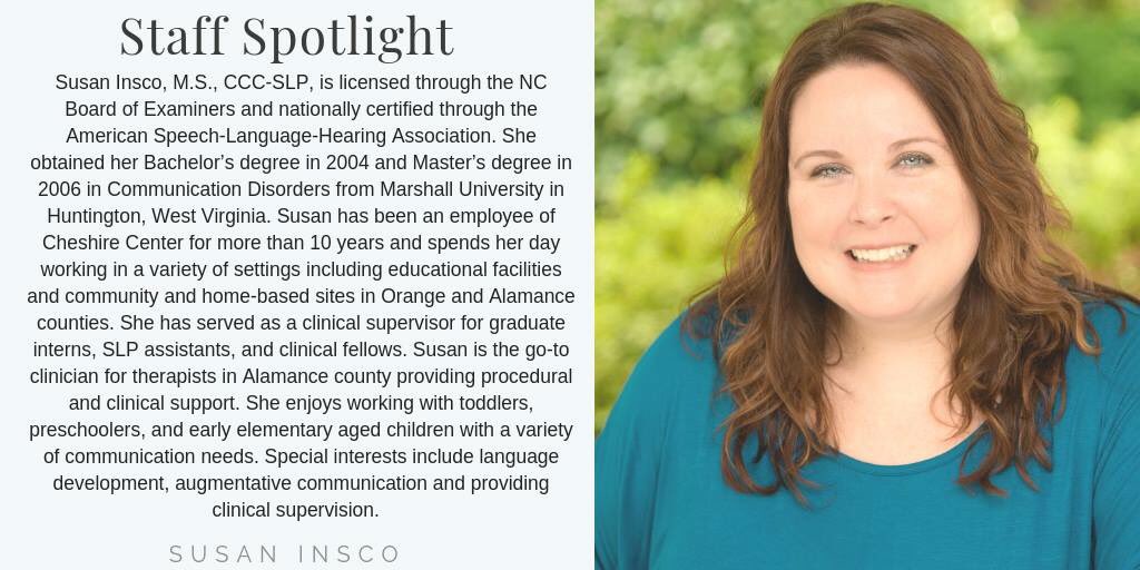 CheshireSpeech's tweet photo. This week we are shining a light on our very own Susan Insco Susan has been with us for over 10 years and we appreciate all that she has done and will continue to do for us!#SpeechandLanguage #CheshireCenter #SLP #SpeechGeeks https://t.co/C5mBHZohOc